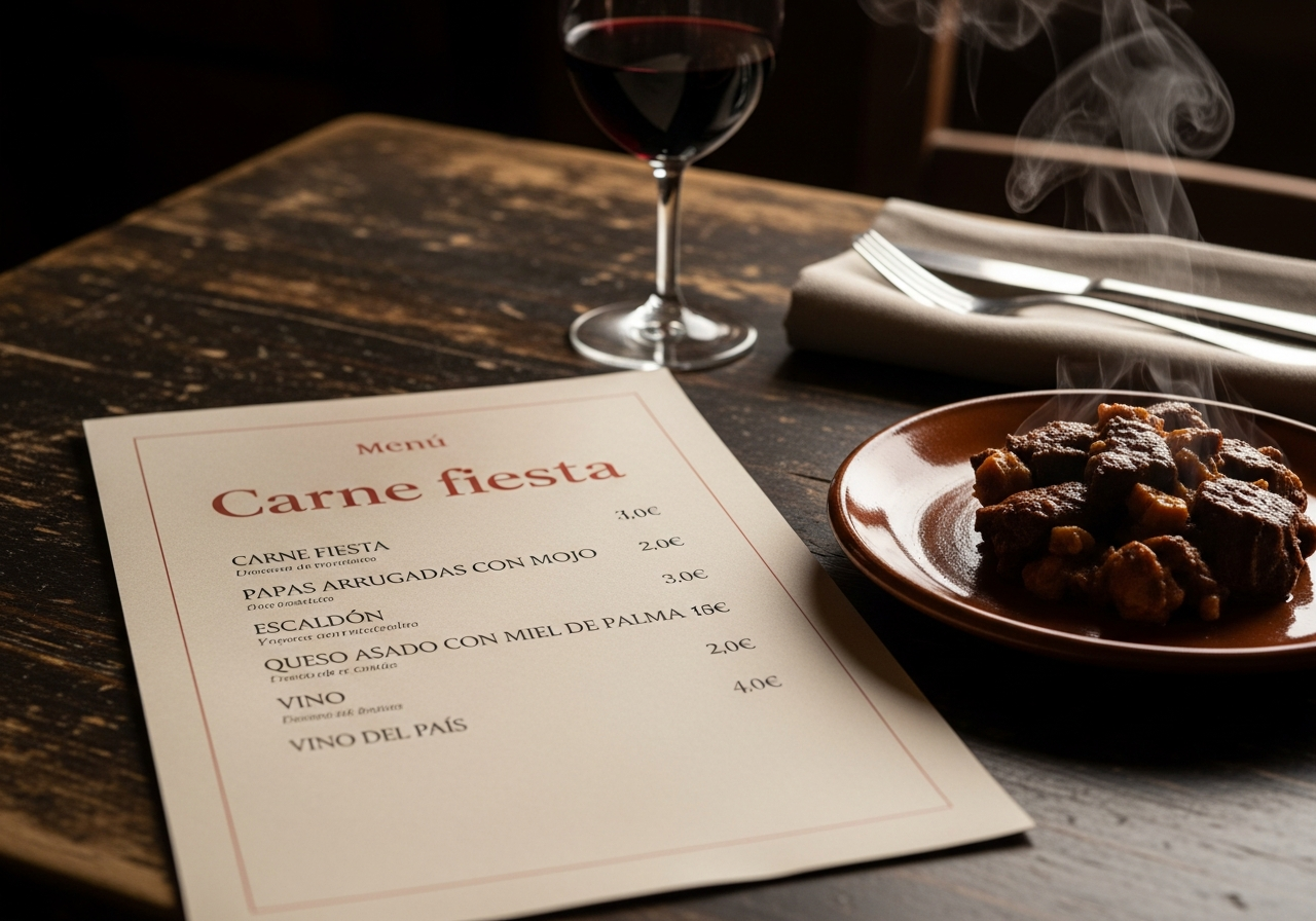 Casa Pedro menu on worn dark-wood table beside Canarian dishes and a glass of wine