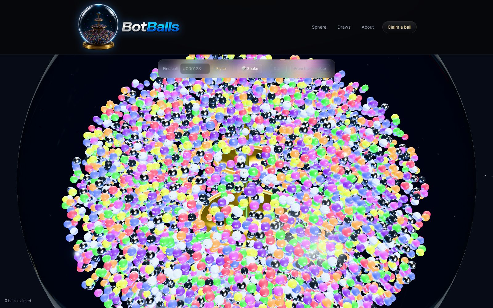 BotBalls — the live interactive sphere: 50,000 individually numbered balls rendered in real time in the browser